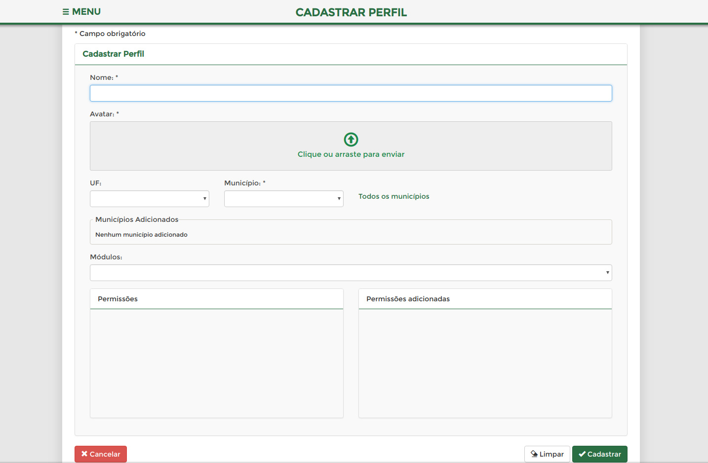 cadastrar perfil