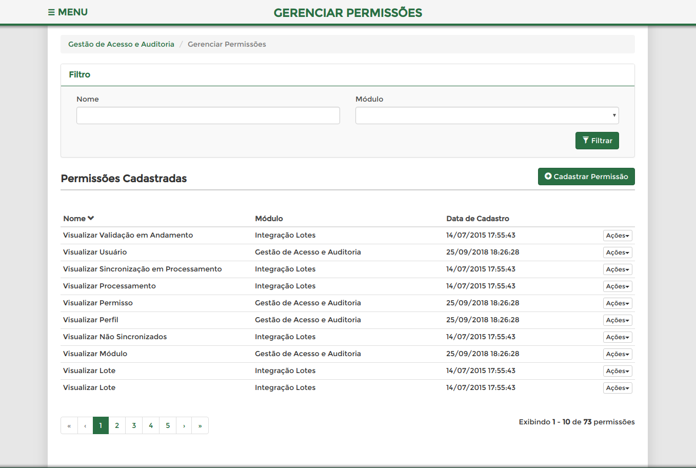 tela gerenciar permissoes